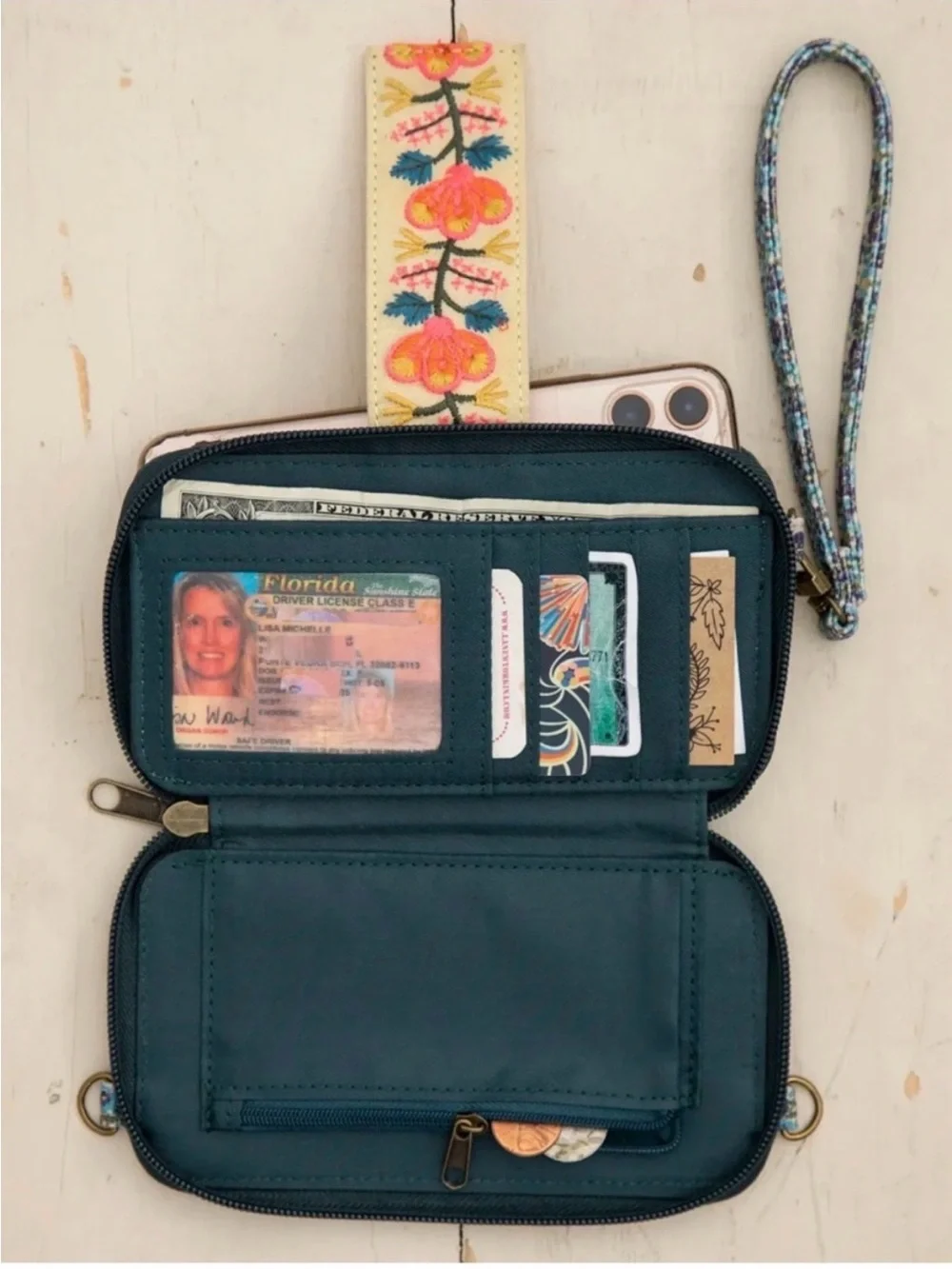 NWOT NATURAL LIFE Wristlet Crossbody Wallet Blue Turquoise Ditsy Floral